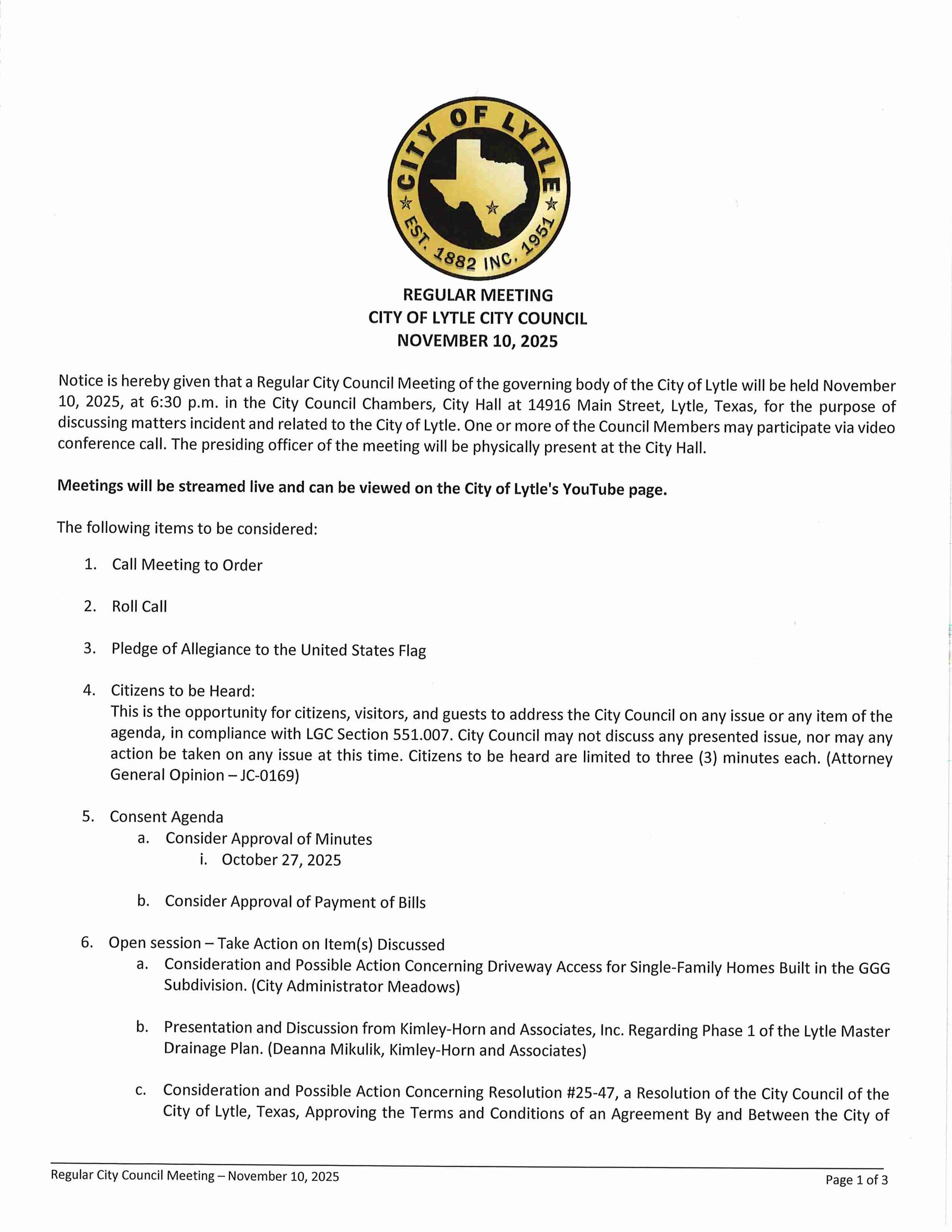 REGULAR MEETING AGENDA 11-10-2025